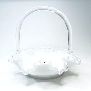 Vintage FENTON Silver Crest White Milk Glass BASKET RUFFLED EDGE Bamboo Handle